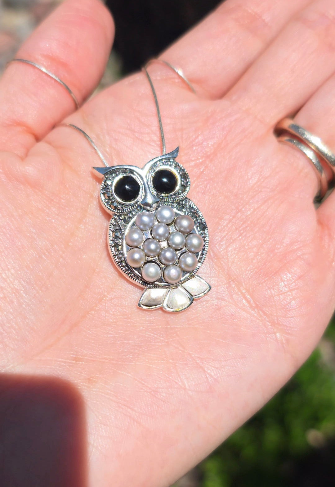 Awesome Solid Sterling Silver Large 1.3" Onyx Pearl Marcasite and Mother of Pearl Inlay Owl Pendant (NO CHAIN)