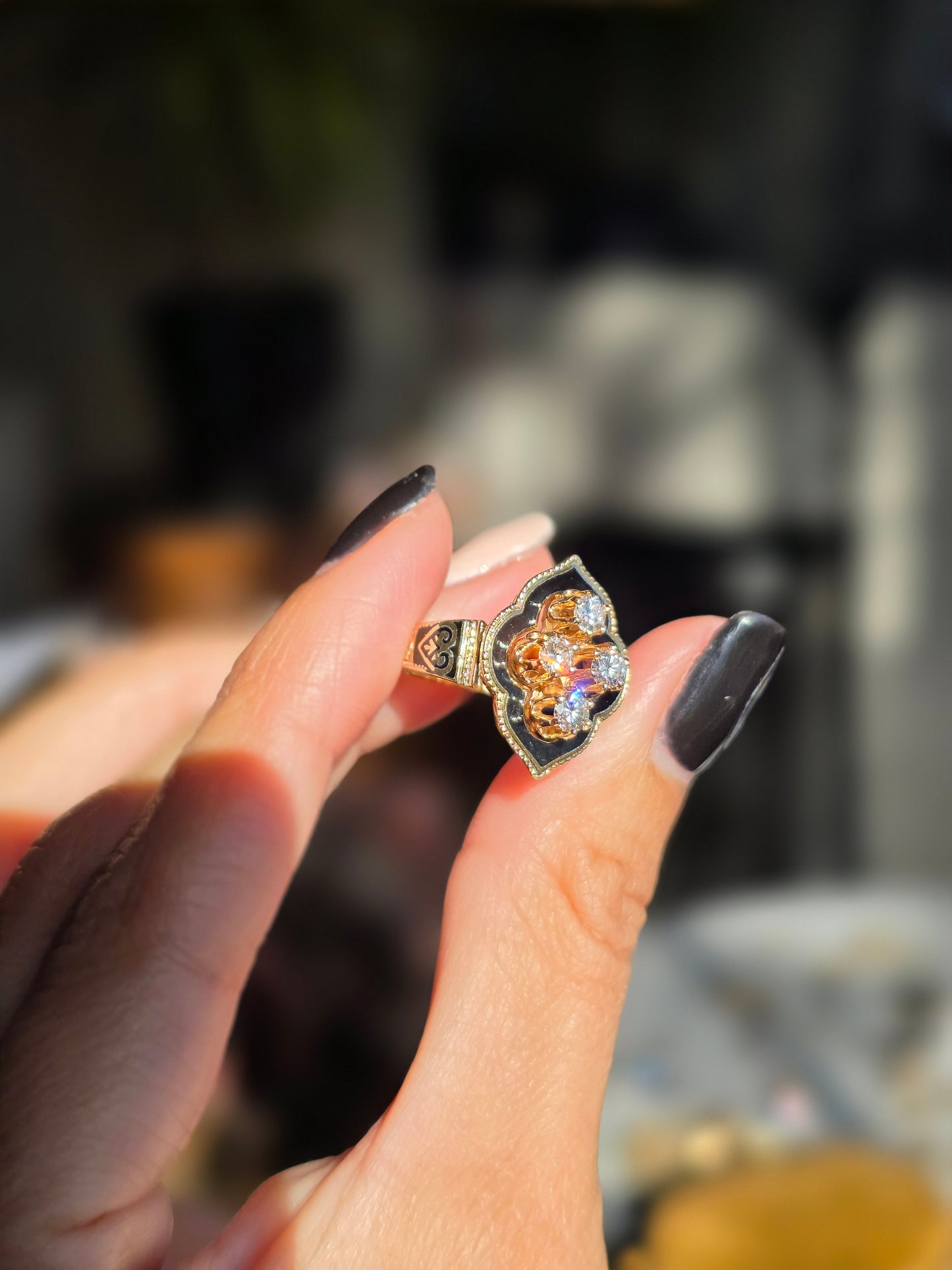 Stunning Vintage Victorian Style Black Enamel Diamond Statement Ring Size 6