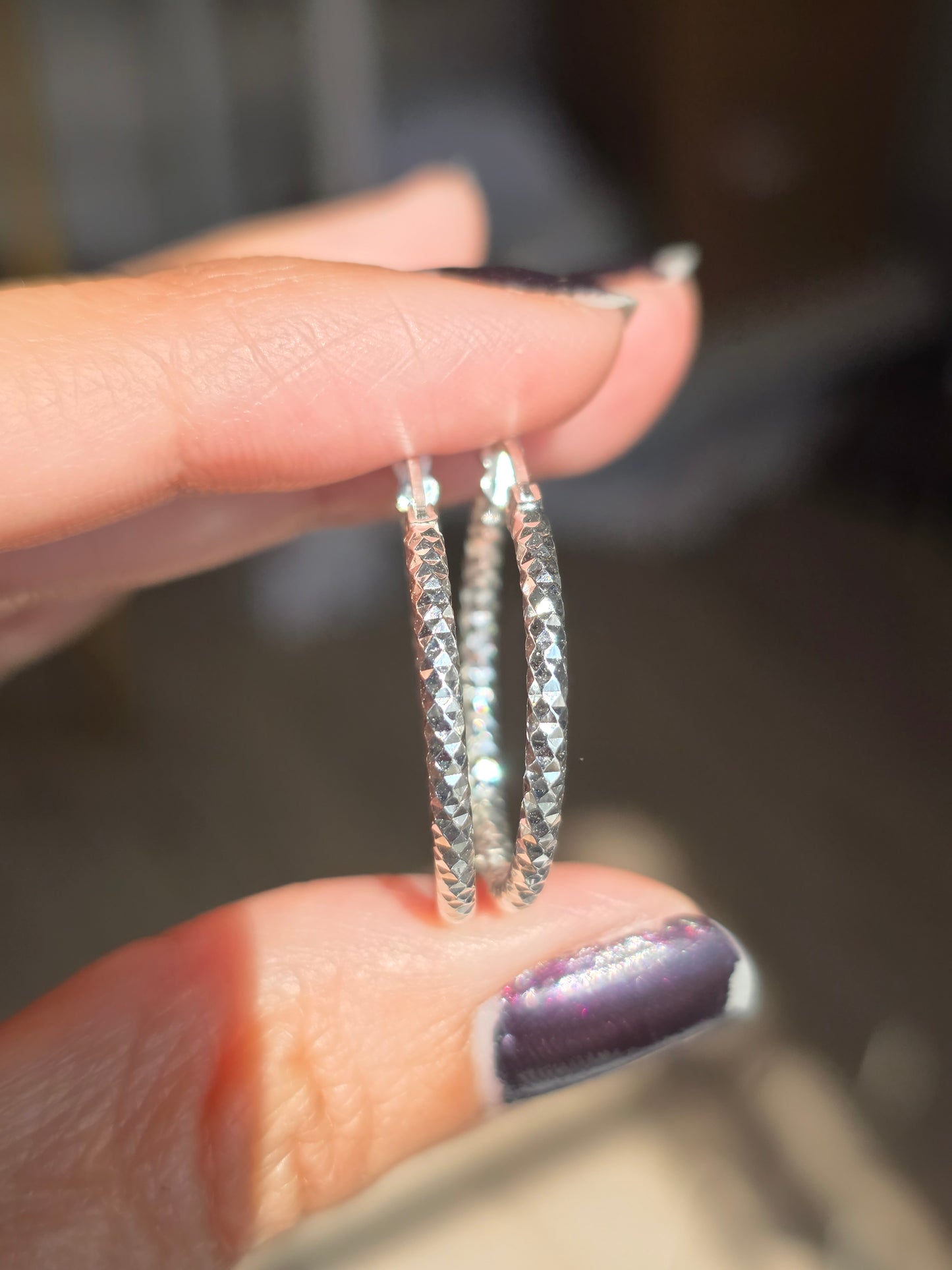 Medium 24mm Textured Sparkling Sterling Silver Hoops Earrings