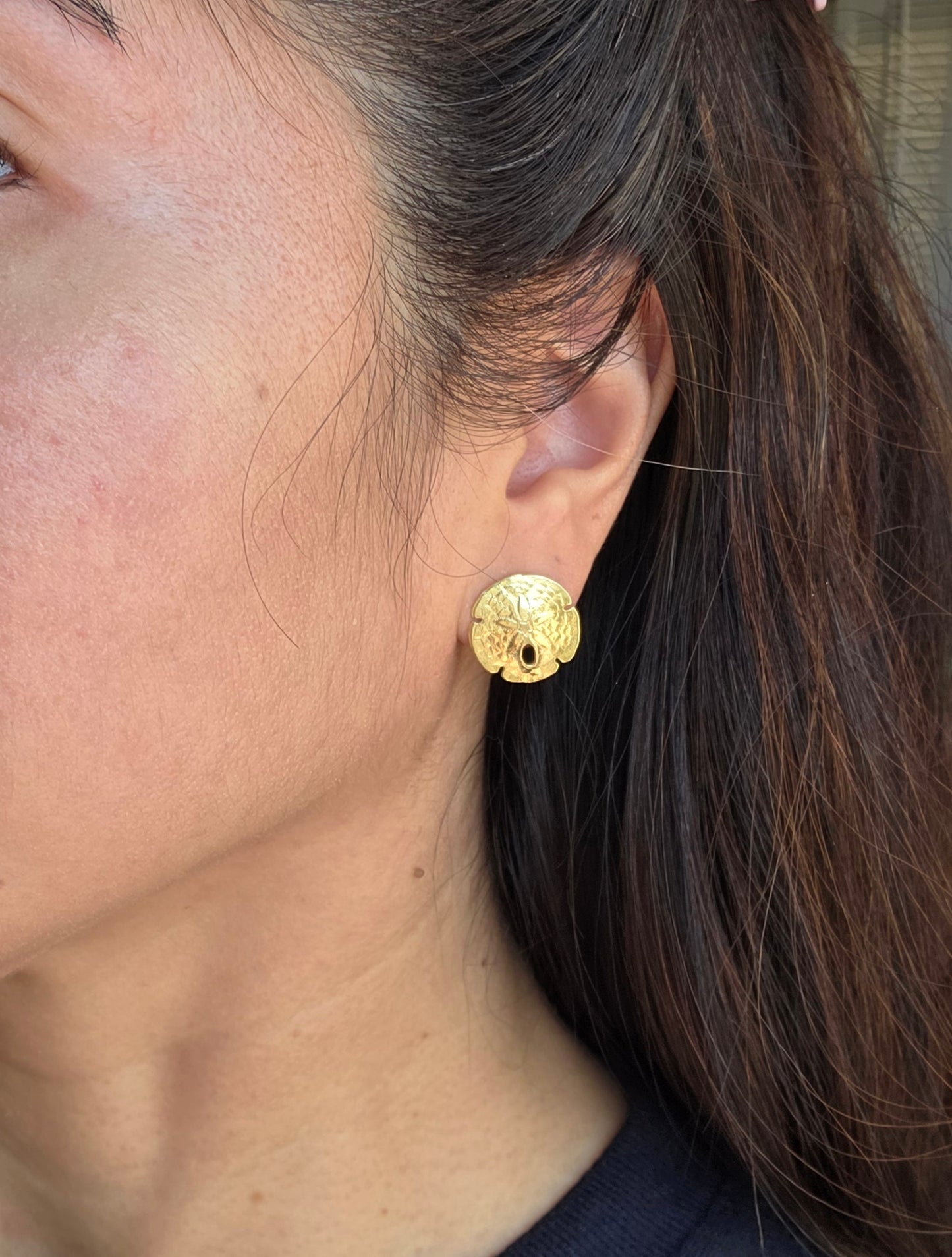 Lovely 14k Gold Solid Made Sand Dollar Button Earrings Studs