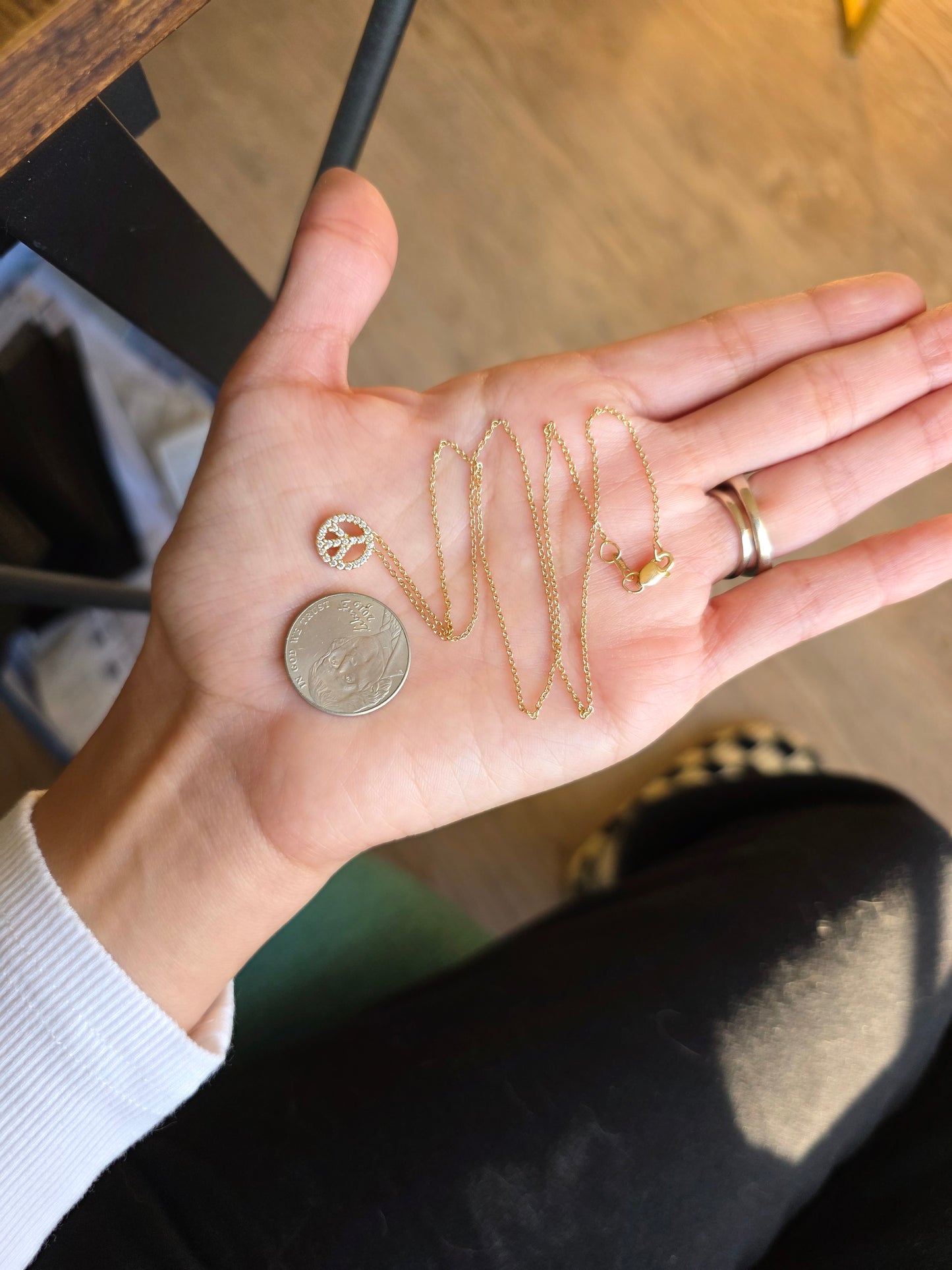 Beautiful Sparkling Diamond Peace Symbol 14k Gold Necklace 17"