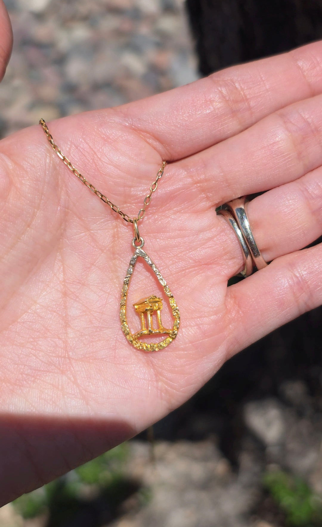 #10- 10k Gold 3D Greek Temple Inside Tear Drop Nugget 2T Ombre Frame Charm (NO CHAIN)
