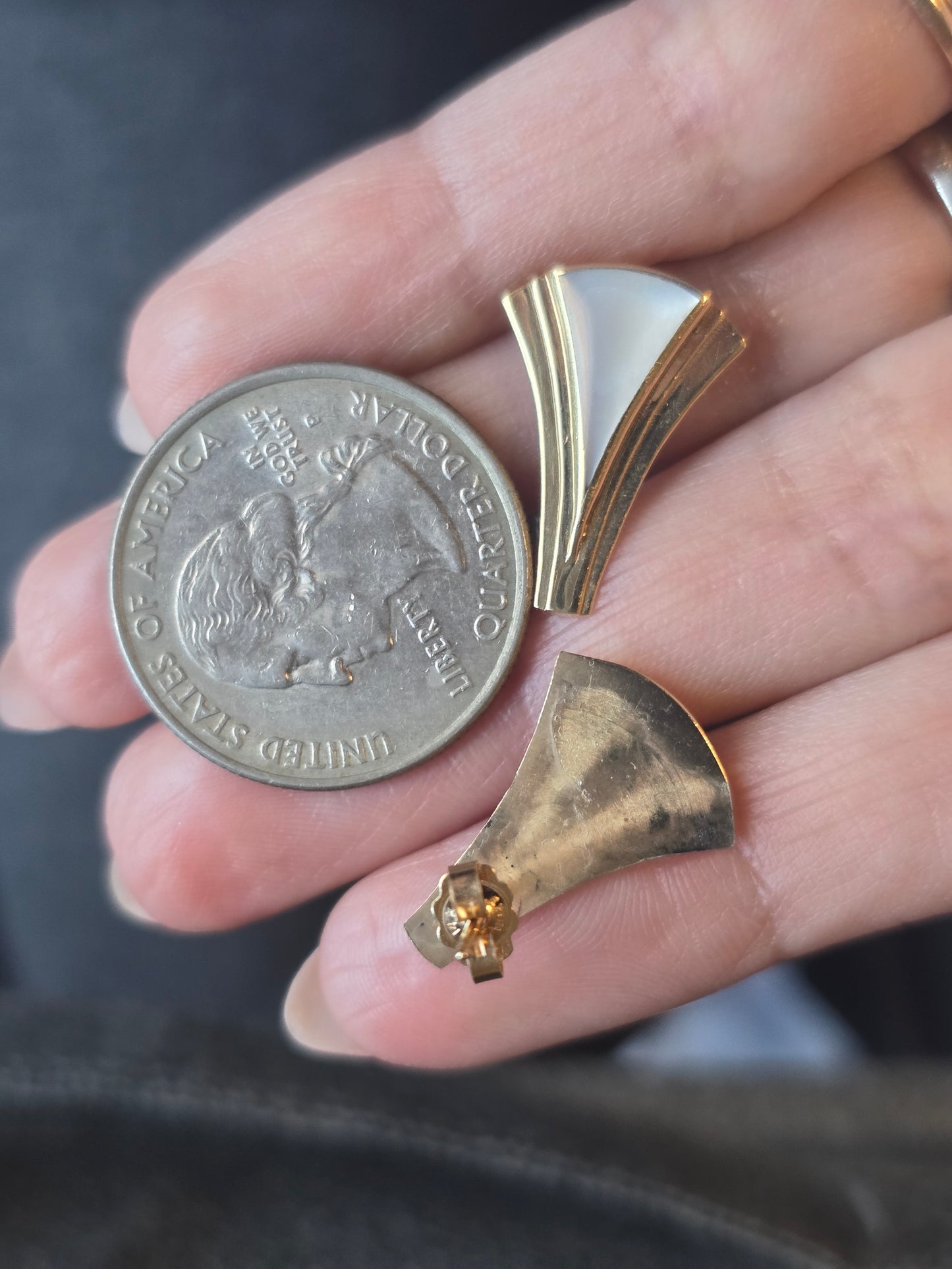 Vintage 14k Gold And Mother of Pearl Modernist Inlay Earrings