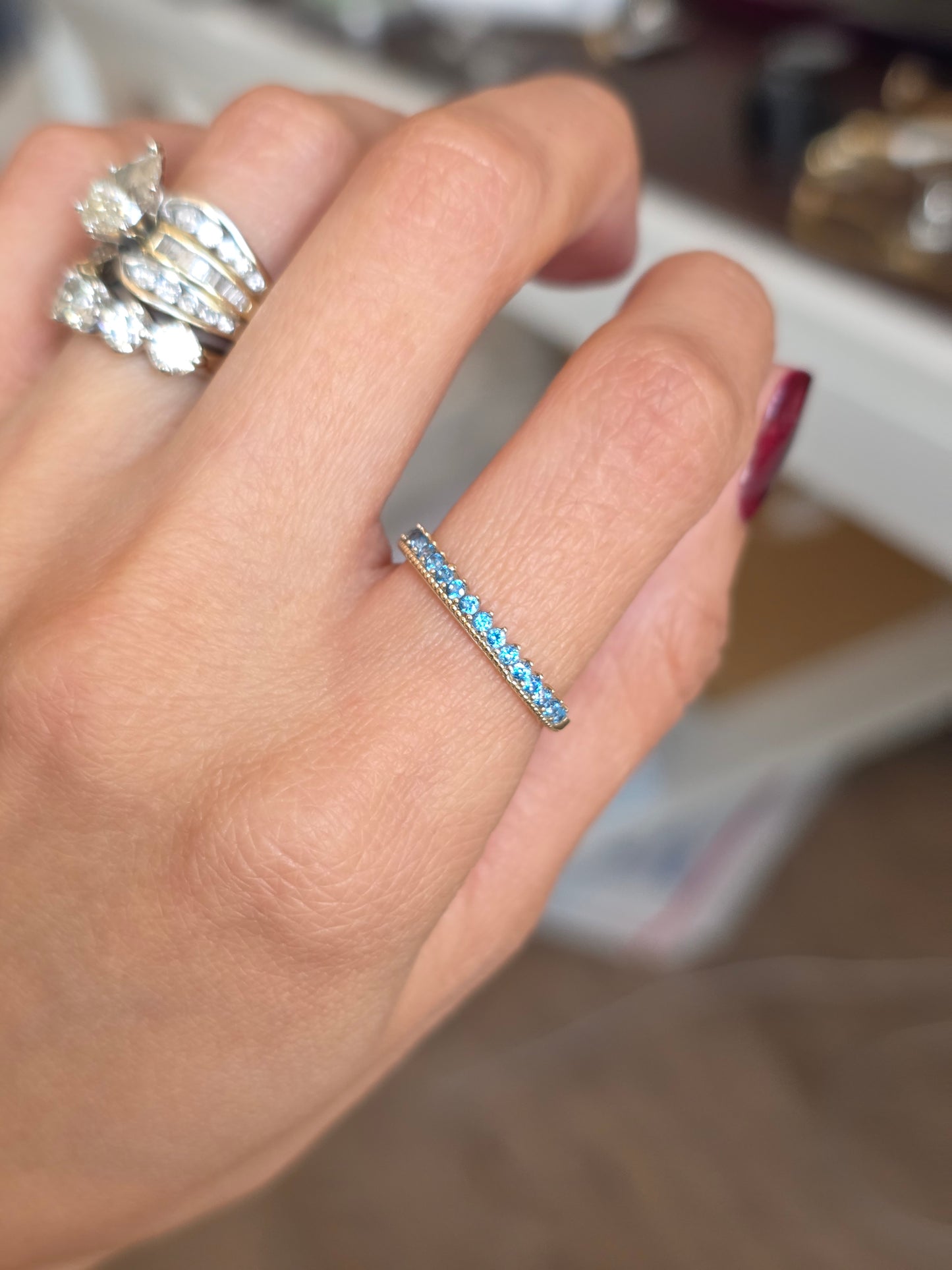 Beautiful 10k Gold 3/4 Eternity Blue Tourmaline .75CTW Gemstone Stacker Ring Size 7