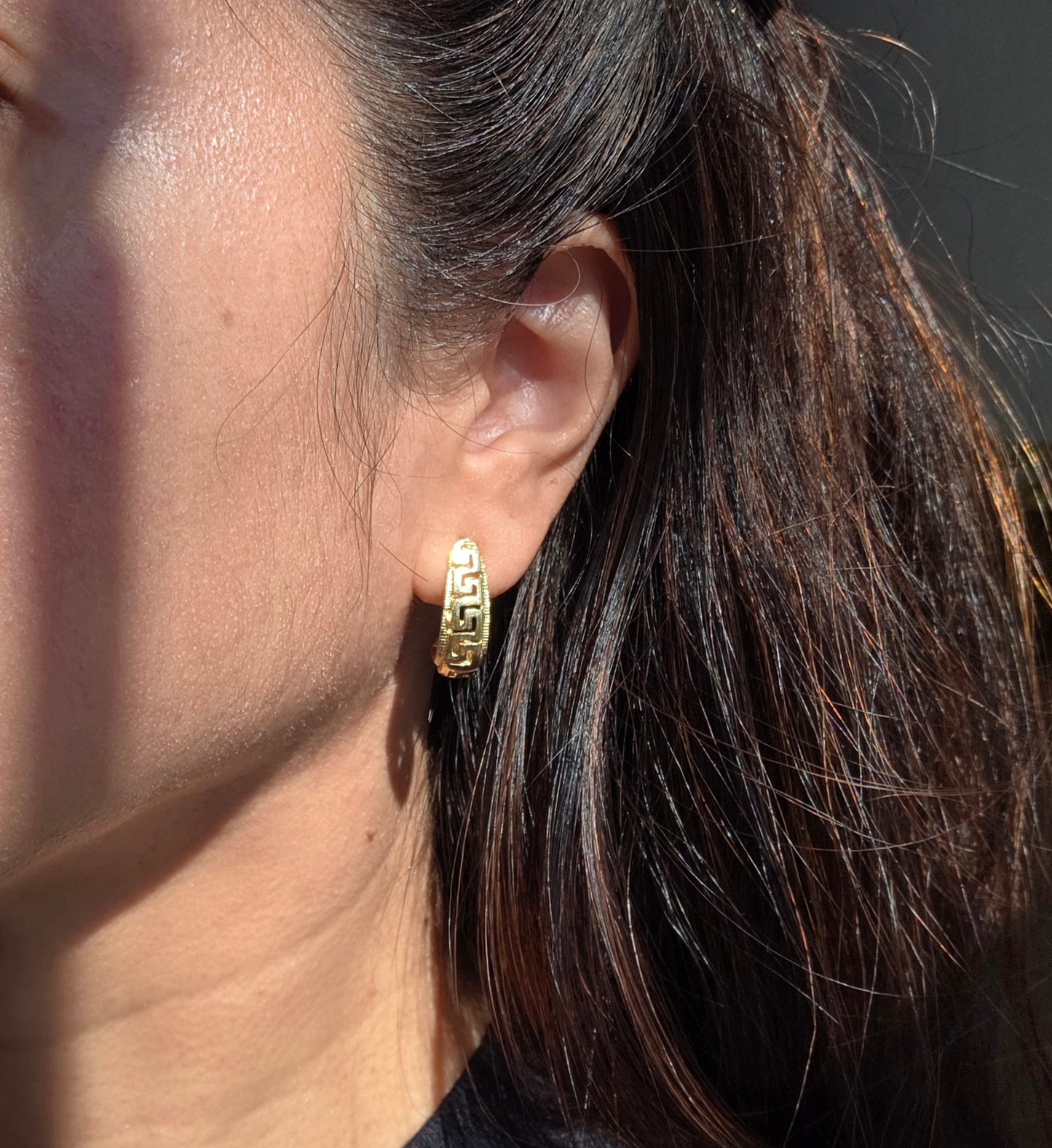 Solid Made 14k Gold Greek Pattern Half Hoops Earrings