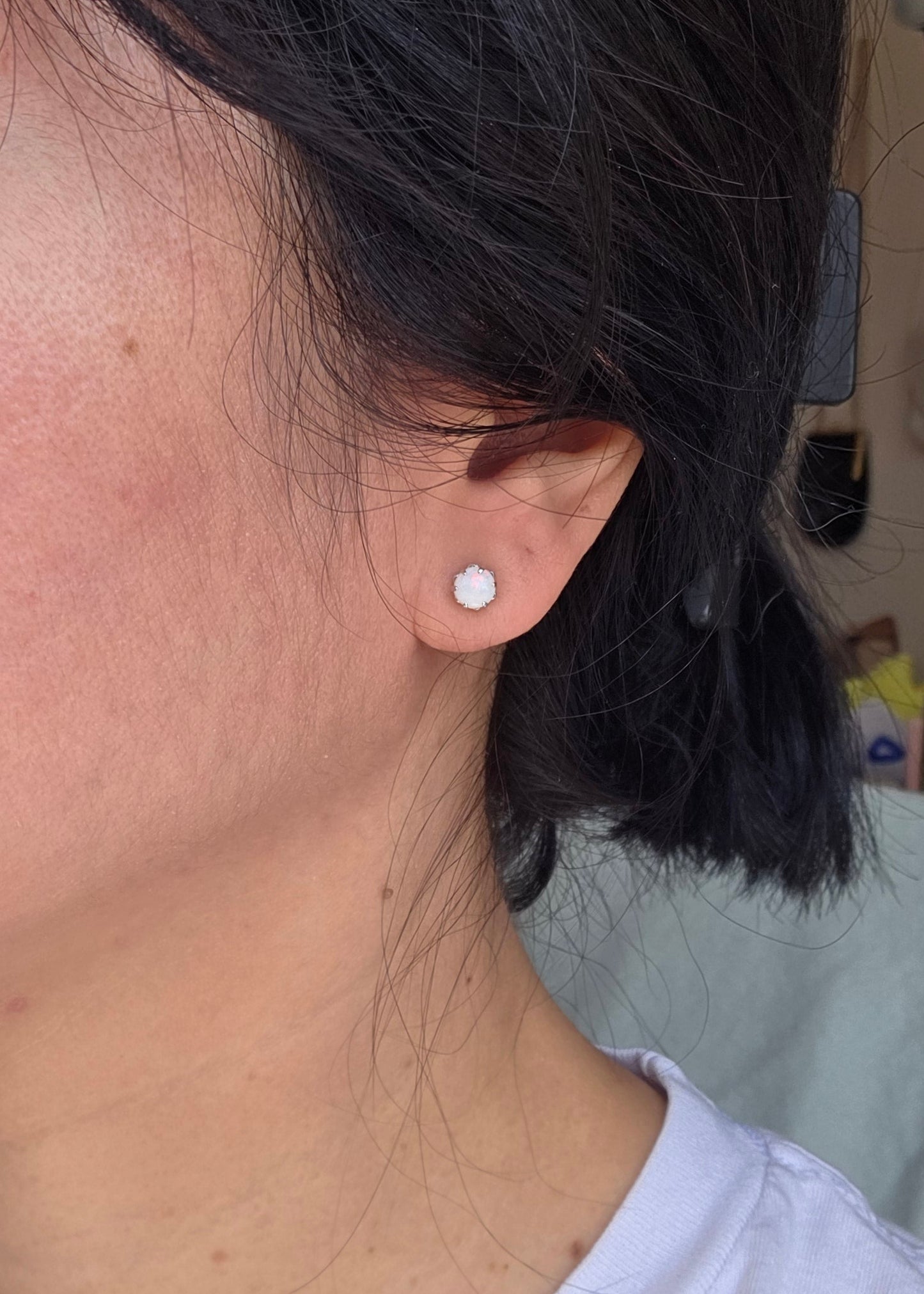 Pretty 14k White Gold 5mm Opal Studs Earrings | October Birthstone
