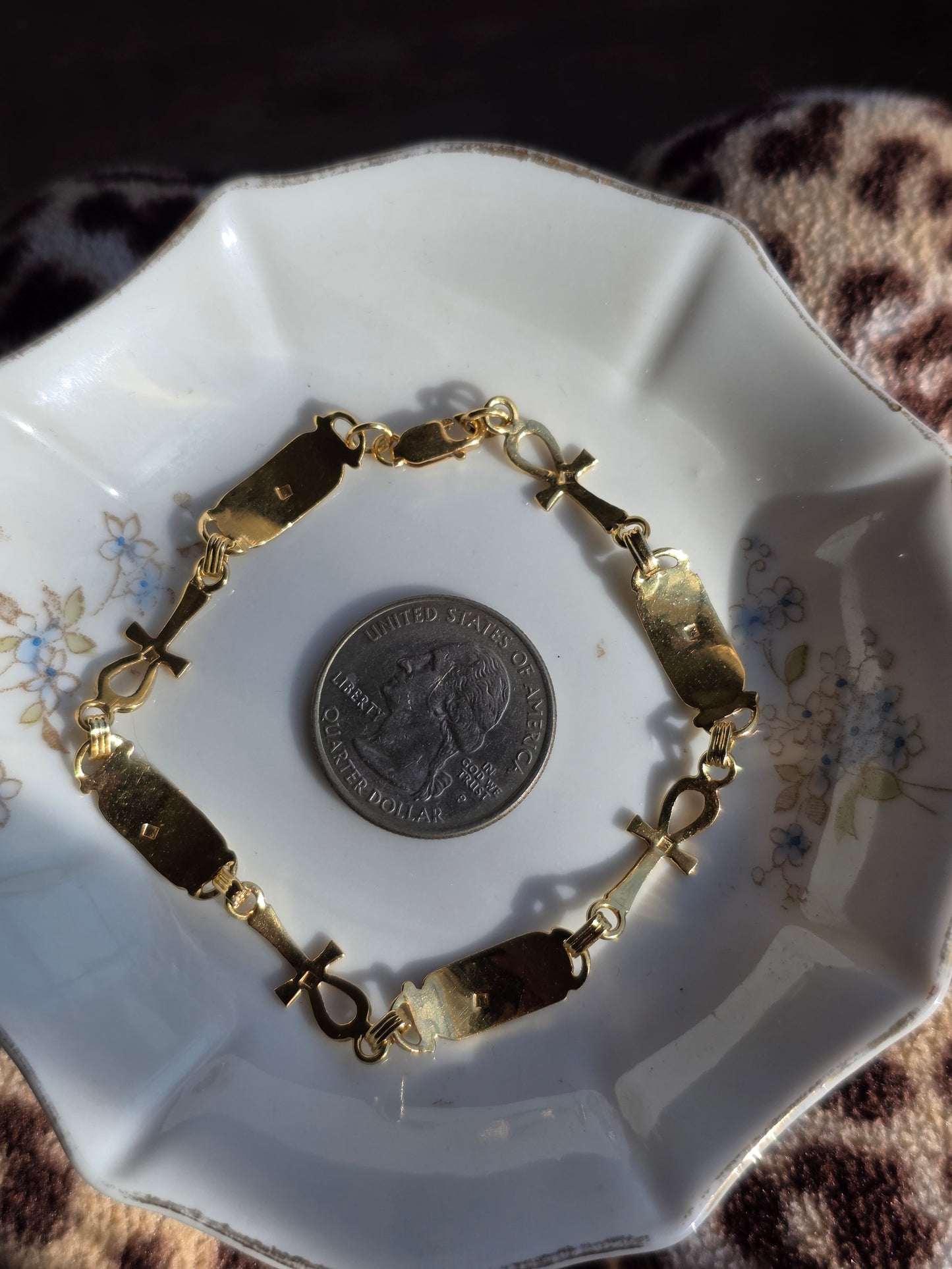 Solid 18k Gold Egyptian Cartouche & Ankh Cross Panel Bracelet 7.5"