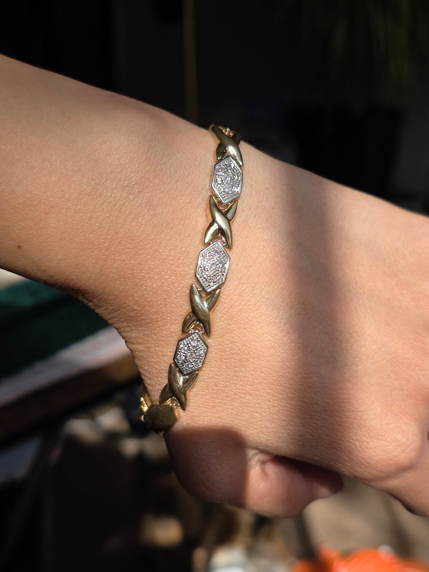 Amazing Two Toned 14k X Link Elongated Hexagon White Gold and Diamond Bracelet 7.5"