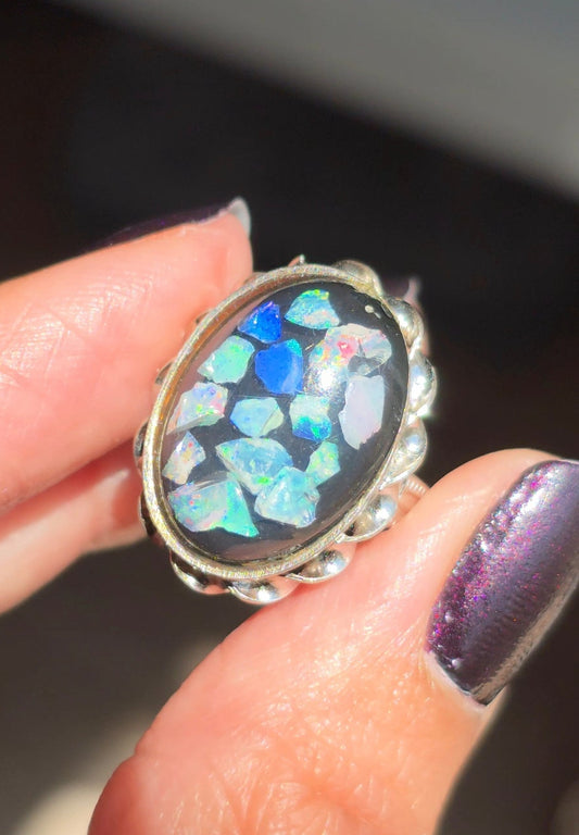 Pretty Sterling Silver Opal Mosaic Oval Statement Ring Size 4.5