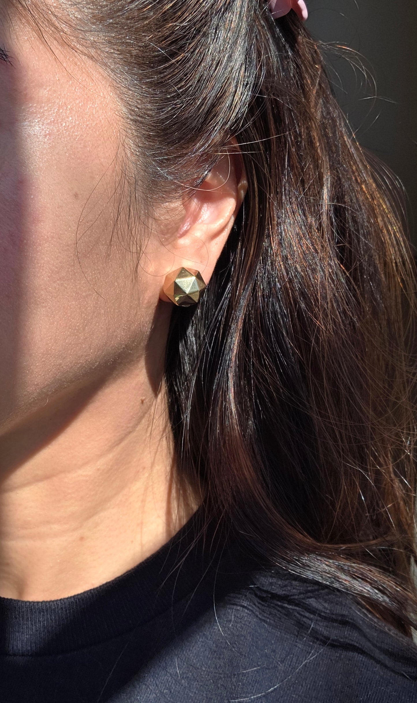 14k Gold Faceted Geometric Sphere Big Bead Modernist Button Statement Earrings