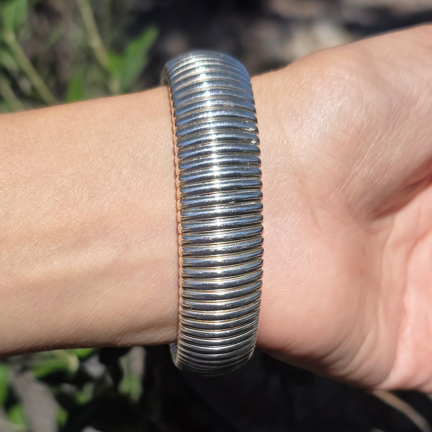 Awesome 80's Solid Sterling Silver Tubogas 16.5mm Wide Stretchy Bracelet 6.5"