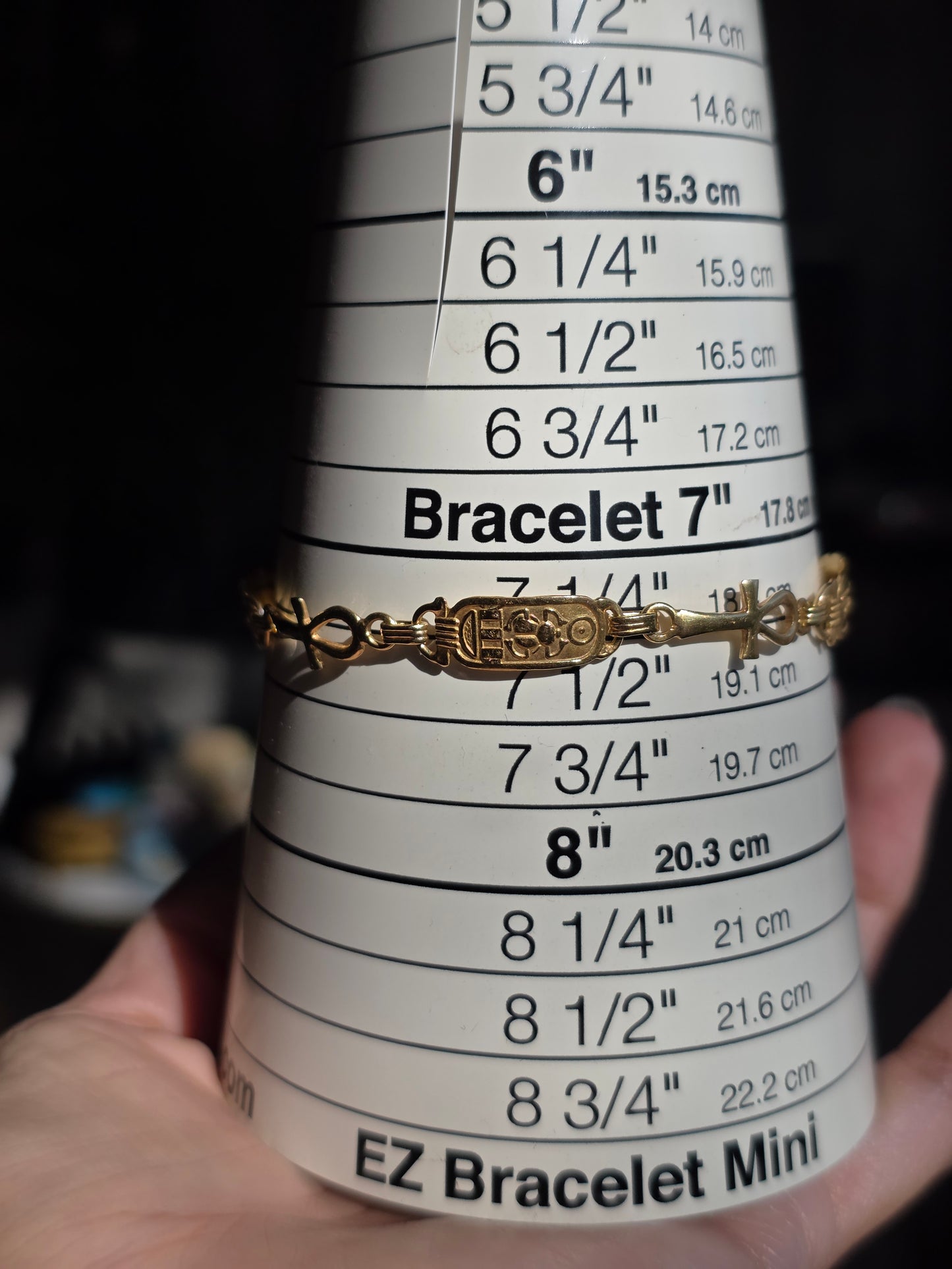 Solid 18k Gold Egyptian Cartouche & Ankh Cross Panel Bracelet 7.5"