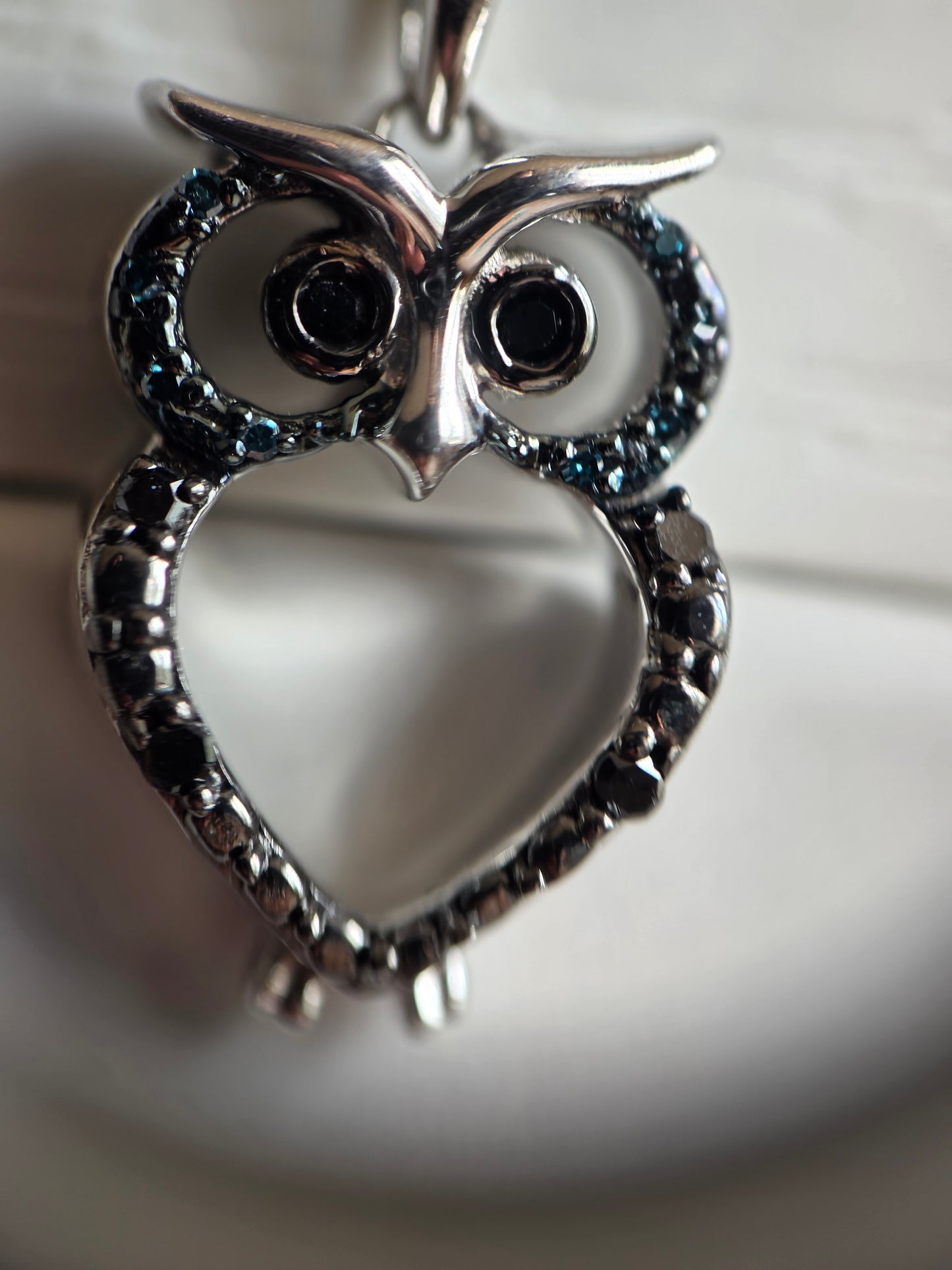 Adorable Black & Blue Diamond Accented Owl Sterling Silver Pendant Necklace 18" Box Chain