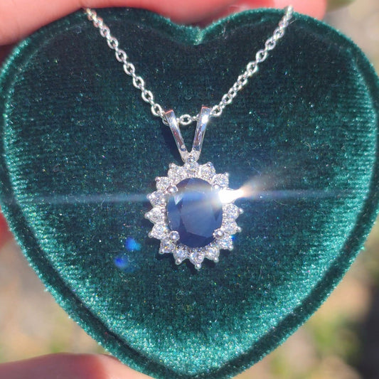 Beautiful 14k White Gold 2.44TCW Dark Blue Sapphire and Diamond Halo Pendant Necklace With 16" Cable Chain