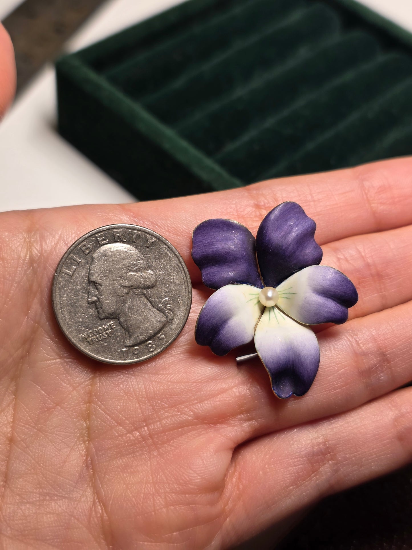 Gorgeous Violet & White Enamel 14k Gold Pearl Flower Slider Pendant (NO CHAIN)