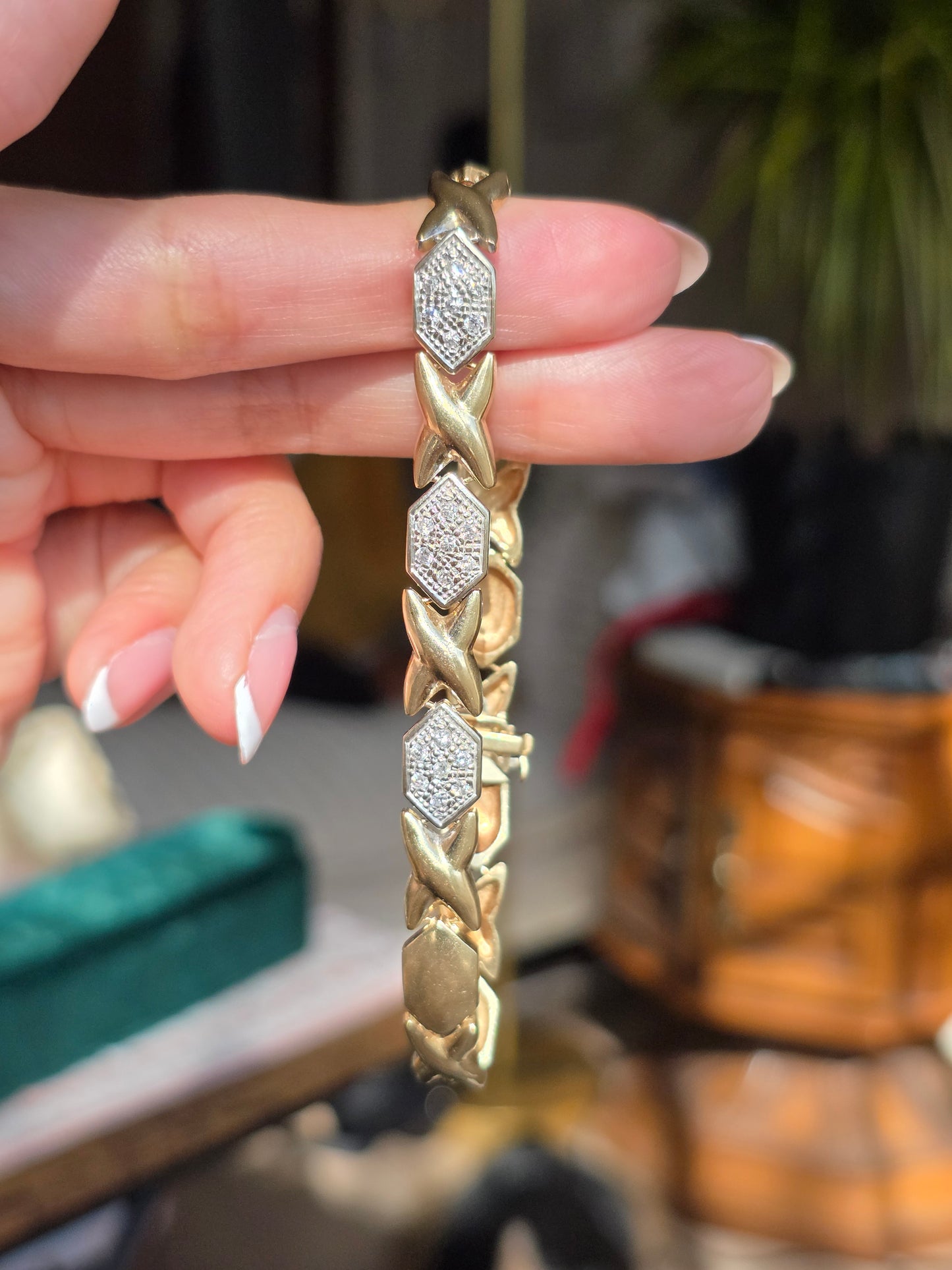 Amazing Two Toned 14k X Link Elongated Hexagon White Gold and Diamond Bracelet 7.5"