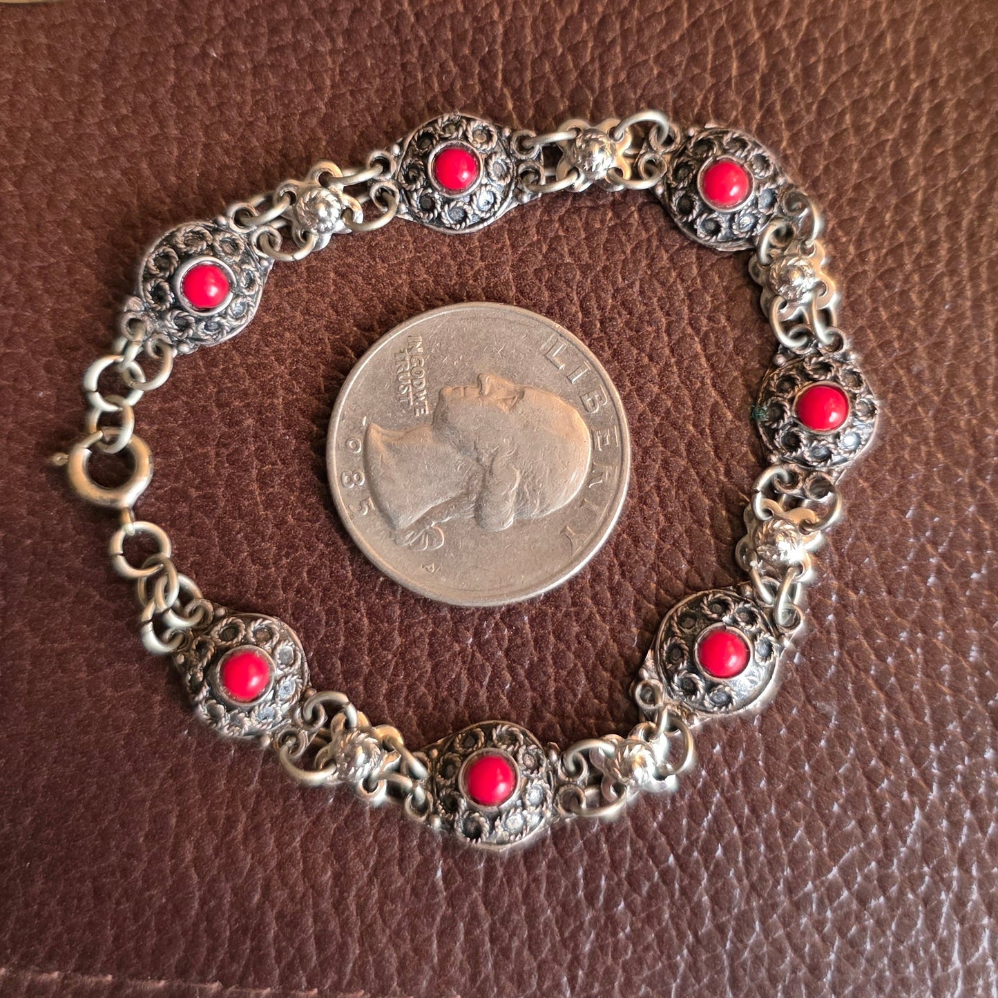 Pretty Sterling Silver Synthetic Red Coral Bracelet 7"