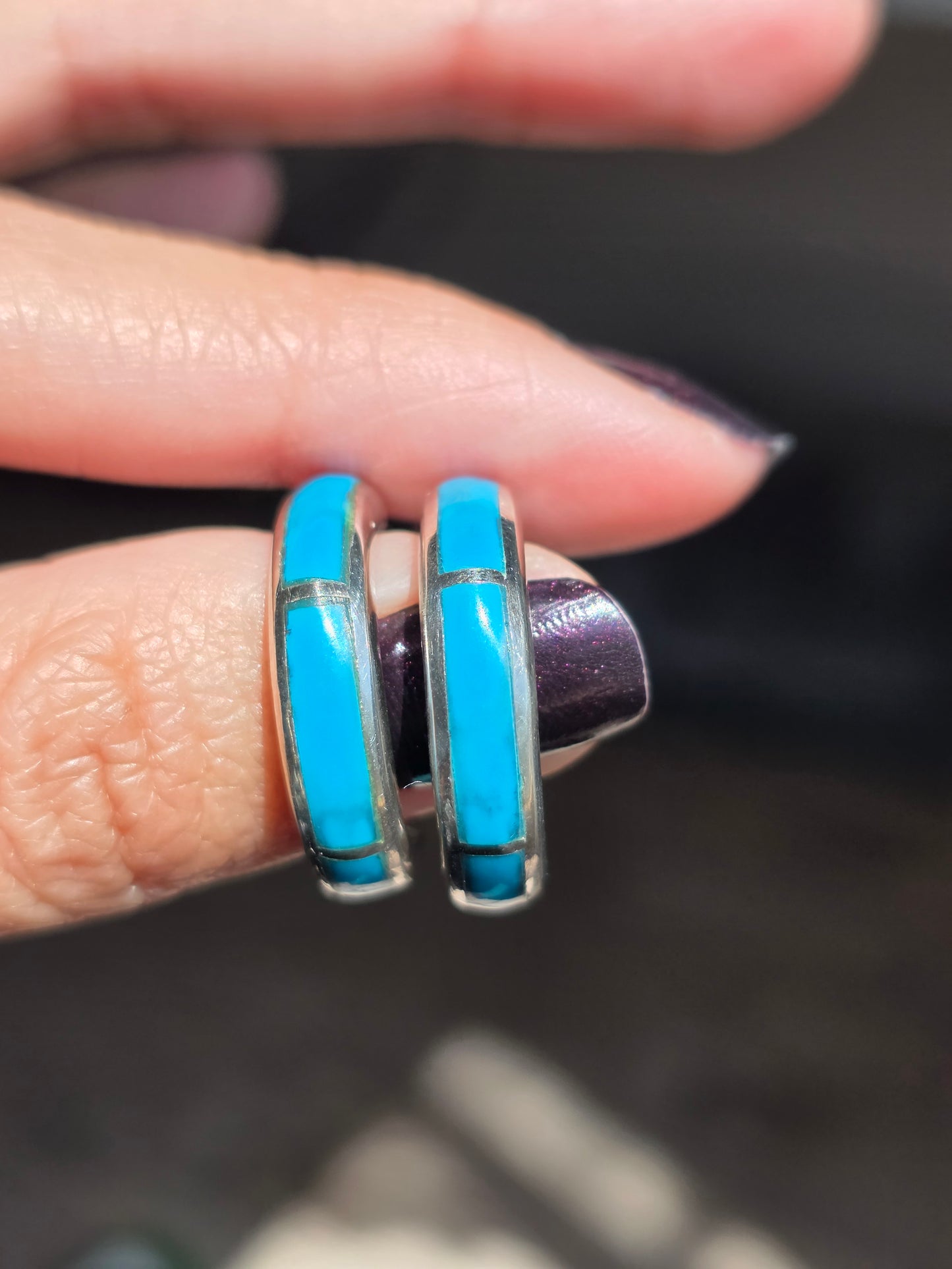 Awesome Turquoise Inlay Sterling Silver Solid Hoops Earrings