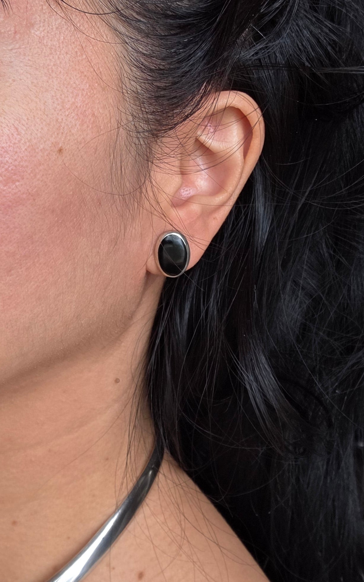 Sterling Silver Oval Onyx Inlay Statement Earrings