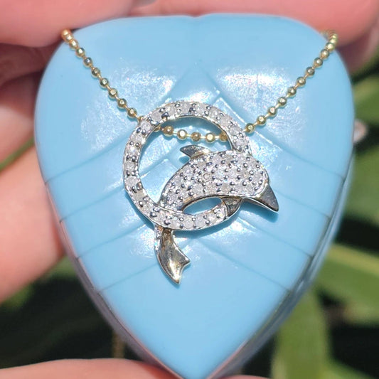 Sparkling 10k Gold Half Carat Natural Diamond Dolphin Round Pendant (NO CHAIN) Miami Dolphins Fan Gifts