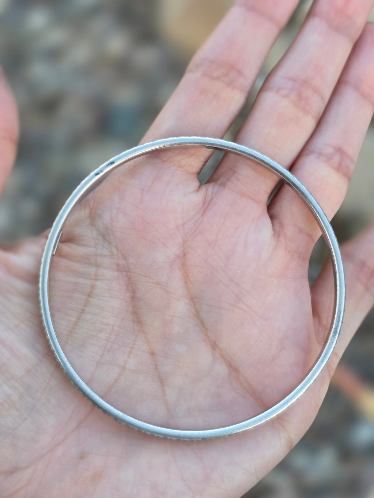 Solid Sterling Silver Heart Pattern Textured Skinny Bangle Bracelet