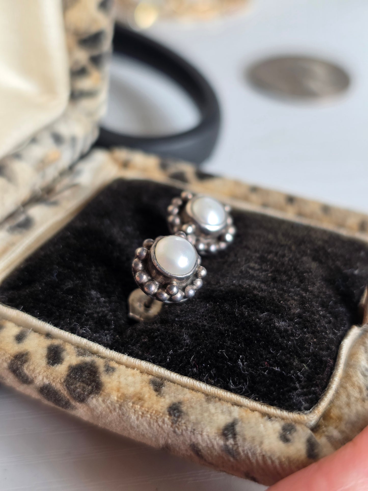 Pretty Sterling Silver Bezel Set Pearl Studs Earrings