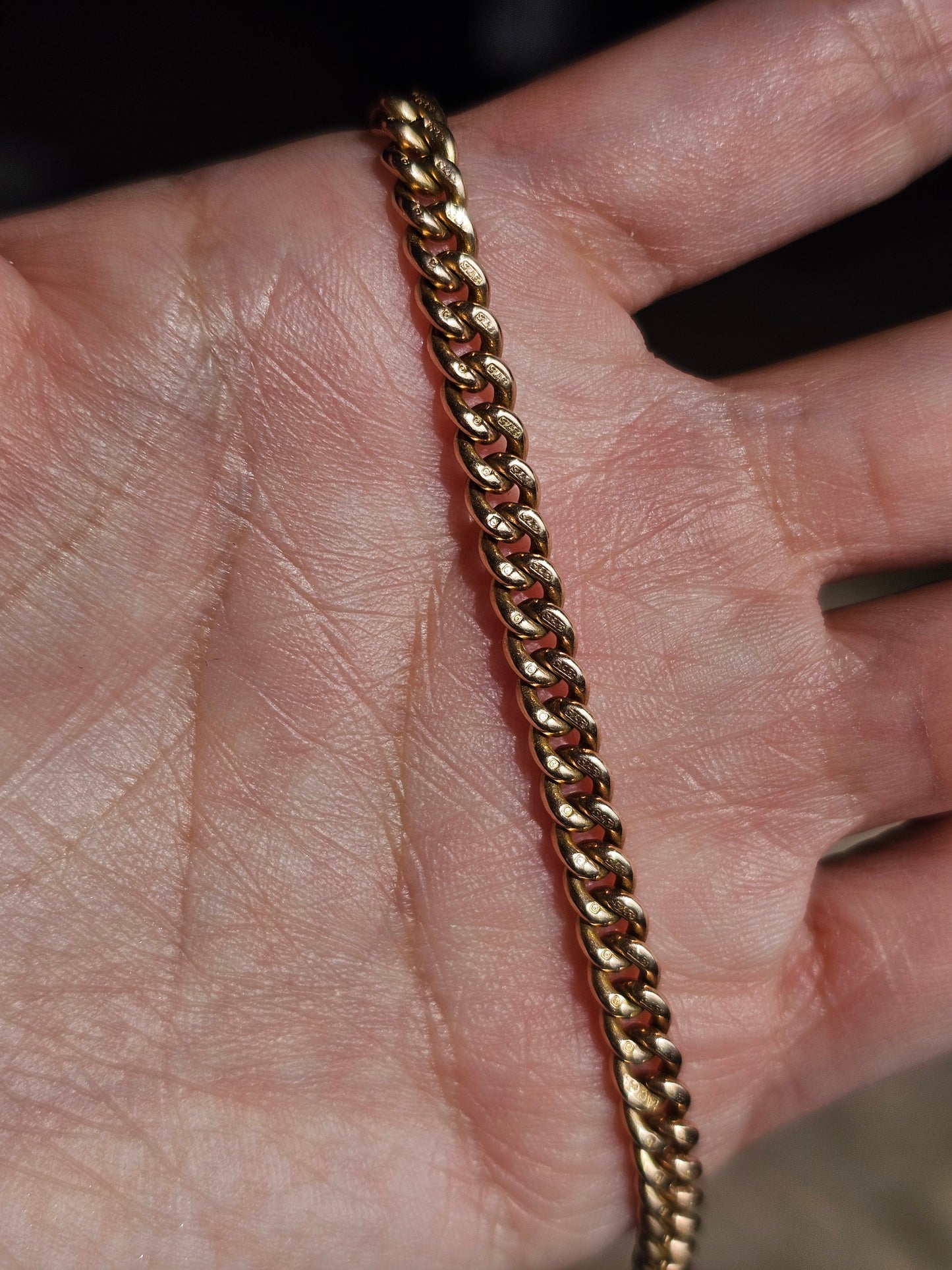 Beautiful Antique 9k Rosey Yellow Gold Tight Curb Watch Chain With T Bar Dangle 16.25"