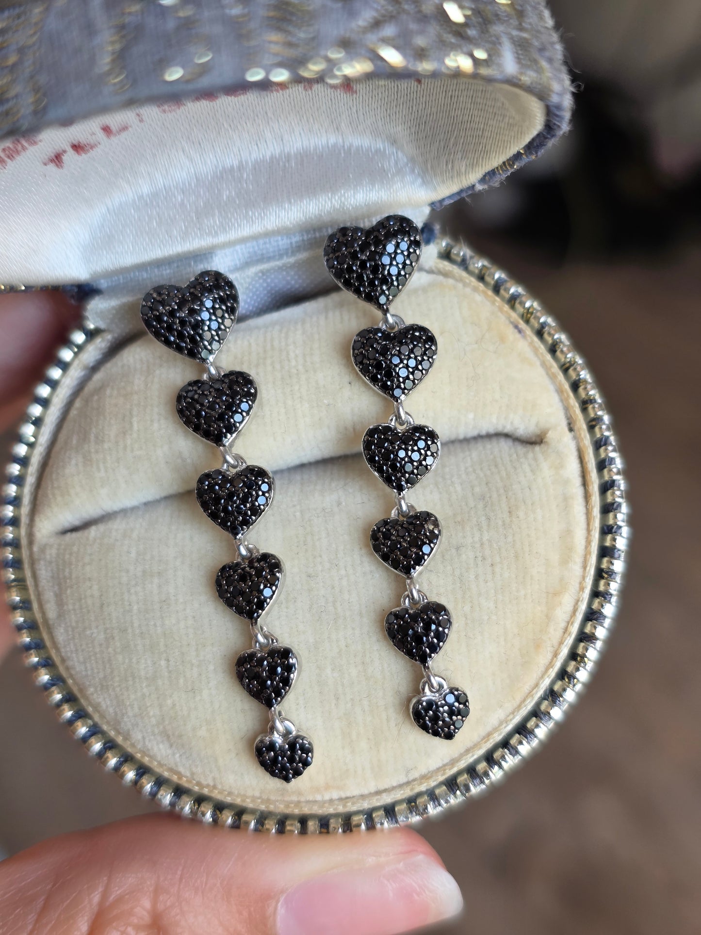 Sterling Silver Pave Set Black Onyx Heart Drop Dangle Statement Earrings