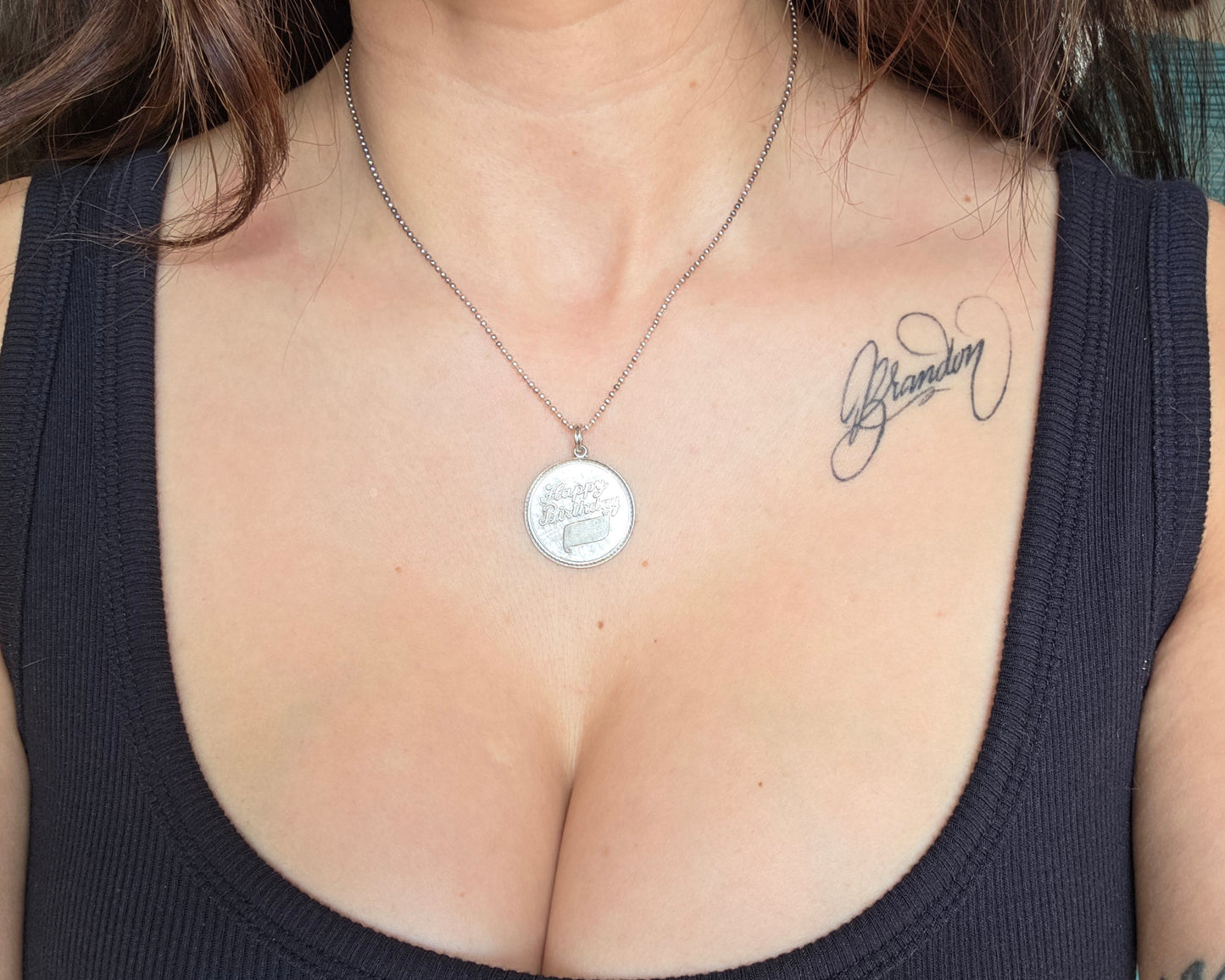 Sterling Silver Vintage "Happy Birthday" Solid Round Medallion Pendant (NO CHAIN)