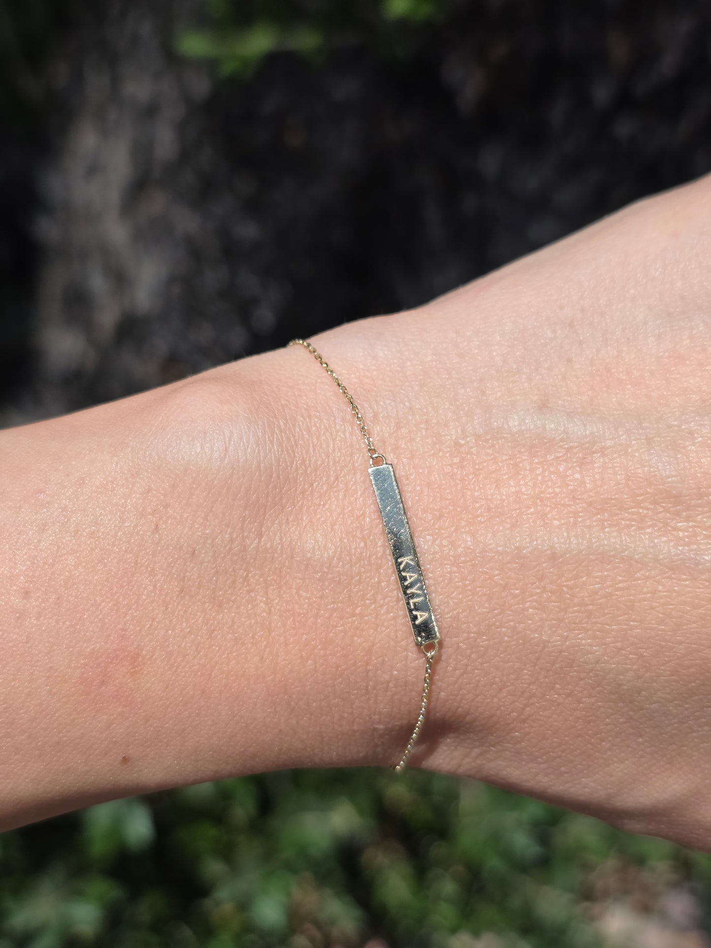 Dainty 14k Gold "KAYLA" Mini ID Bar Name Plate Bracelet Adjustable 7" Biker Chain Link