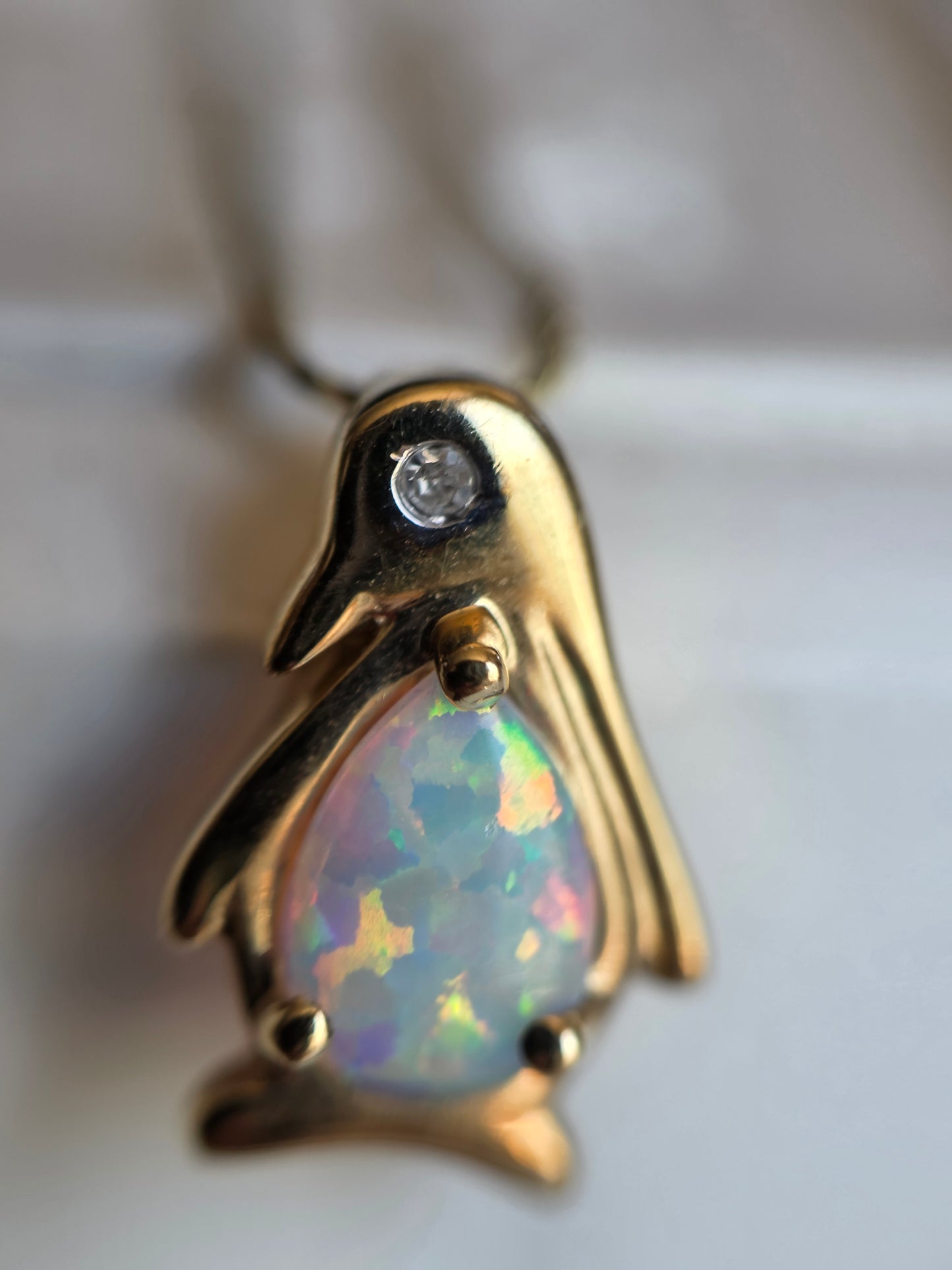 Adorable 10k Gold Opal and Diamond Penguin Pendant (NO CHAIN)