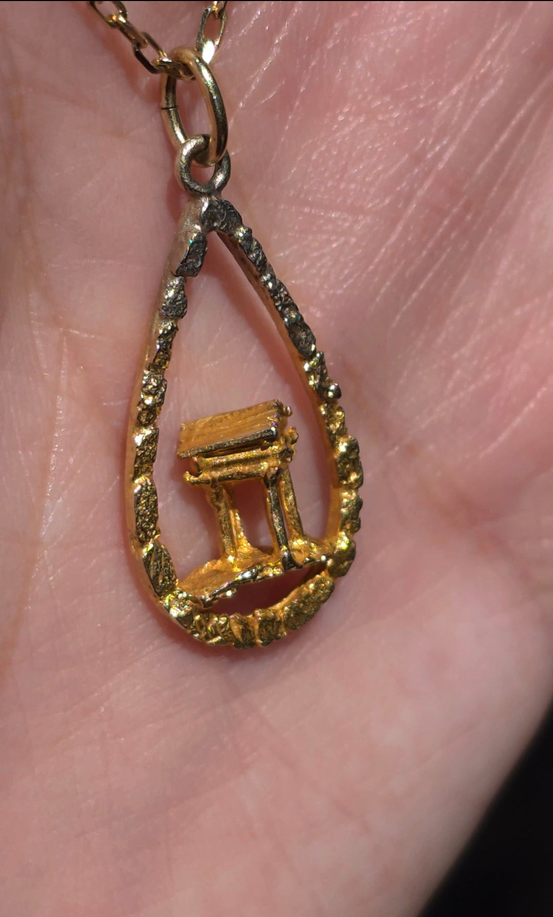 #10- 10k Gold 3D Greek Temple Inside Tear Drop Nugget 2T Ombre Frame Charm (NO CHAIN)