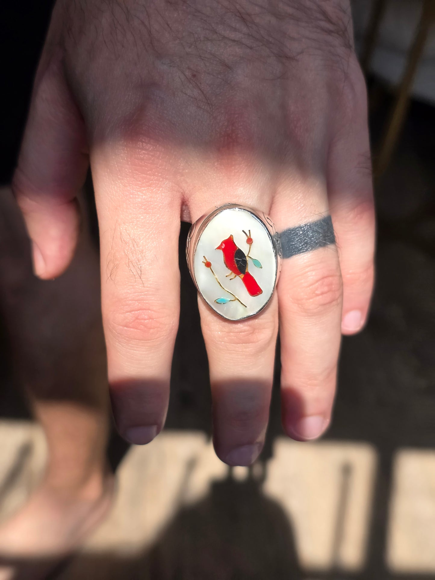 Amazing Solid Sterling Silver Heavy 1 OZ+ Gemstone Inlay Southwestern Style Bird Oval Signet Statement Ring Size 10.5