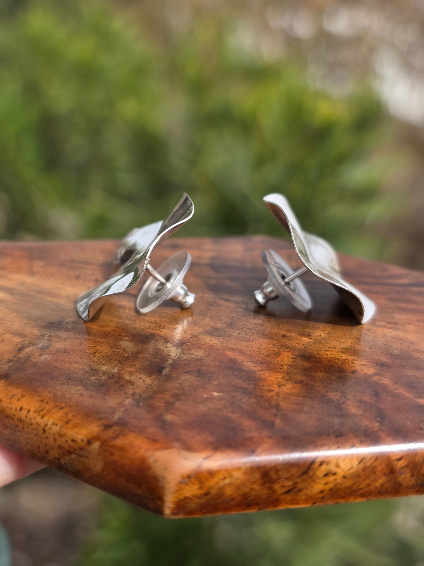 Sterling Silver Round Wavy Disc 24mm Wide Button Stud Statement Earrings