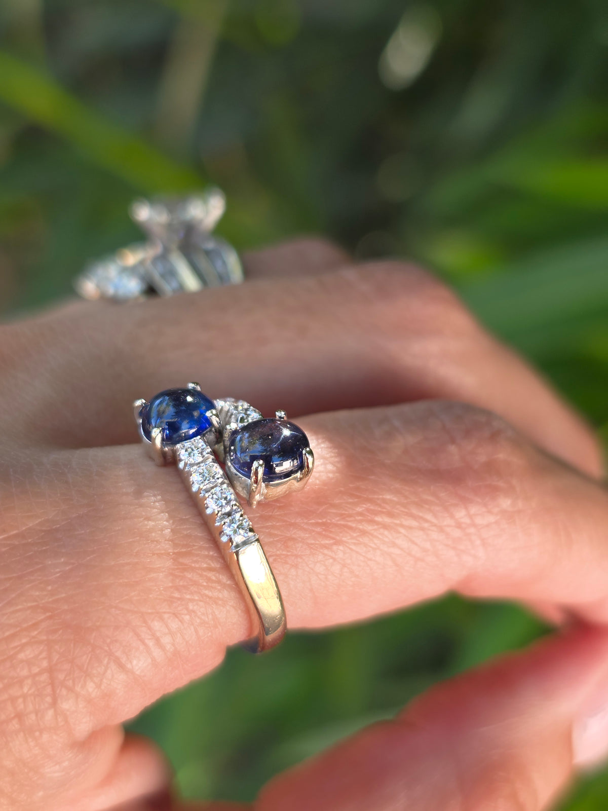 Gorgeous 18k White Gold 2.04TCW Natural Sapphire Cabochon & Diamond Bypass Statement Ring Size 4.75