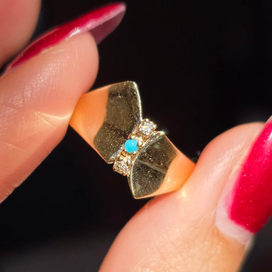 14k Gold Turquoise and Diamond Bow Wide Statement Ring Size 6.75