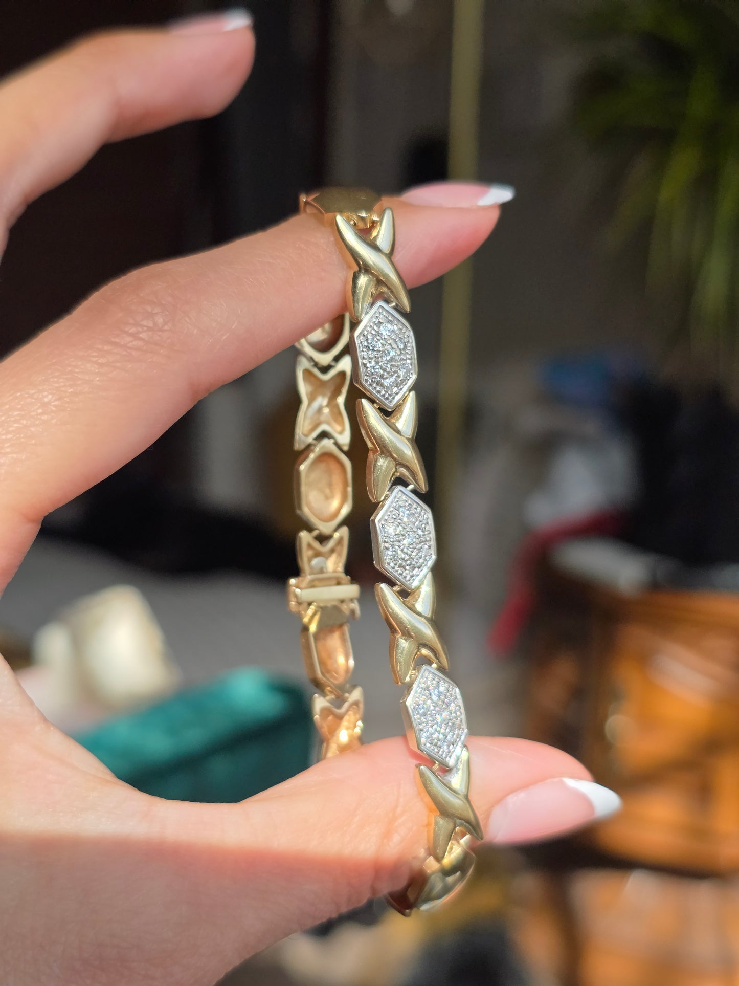 Amazing Two Toned 14k X Link Elongated Hexagon White Gold and Diamond Bracelet 7.5"