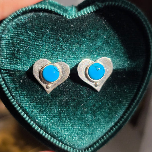 Pretty Sterling Silver Bezel Set Round Turquoise Heart Stud Earrings