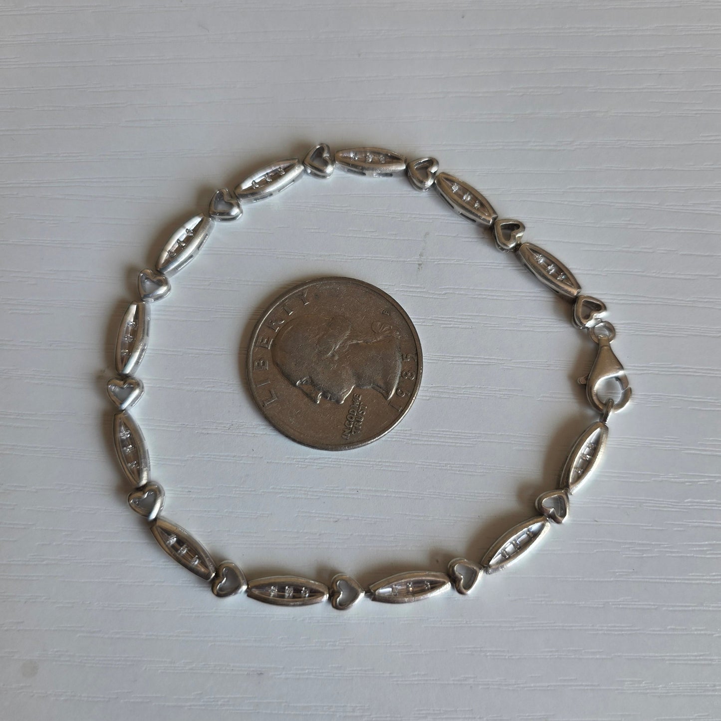 Pretty Sterling Silver Open Heart & Marquise Link Diamond Accented Tennis Bracelet 7.75"