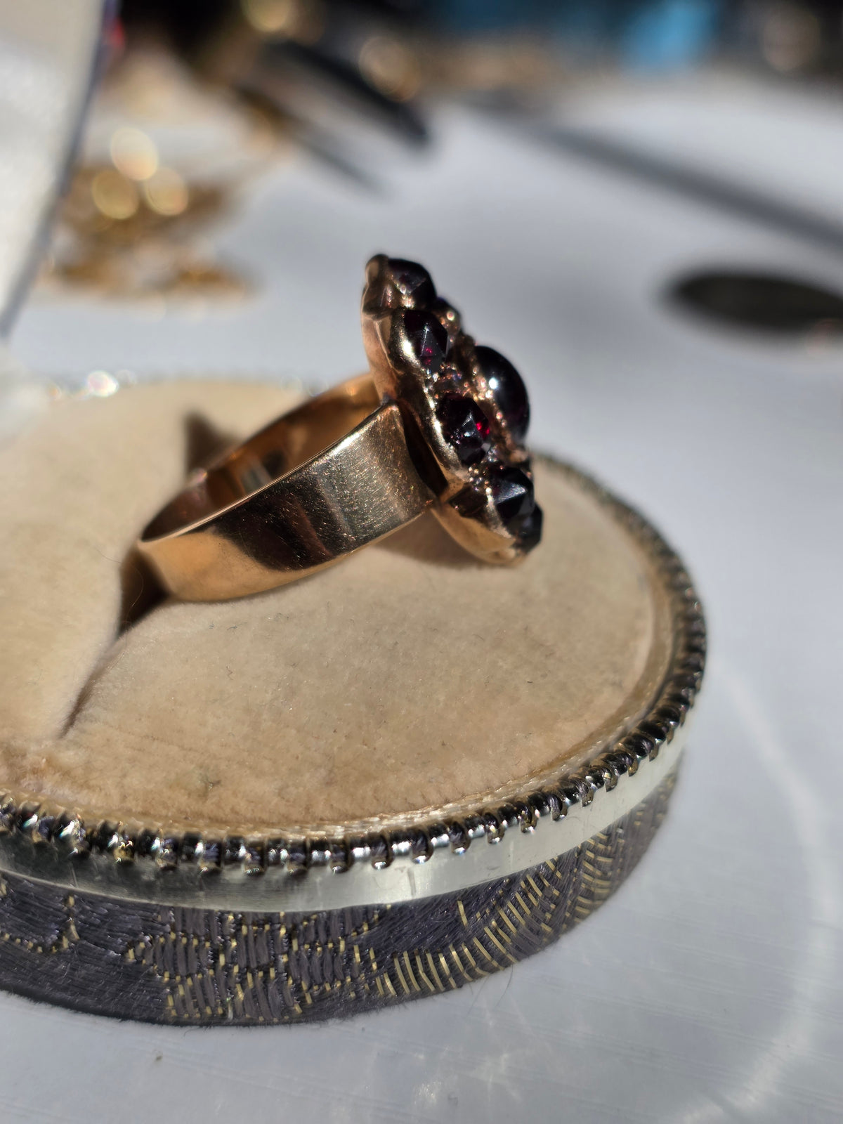 Victorian Style Antique 14k Gold Garnet + Amethyst Cabochon Cluster Statement Ring Size 7