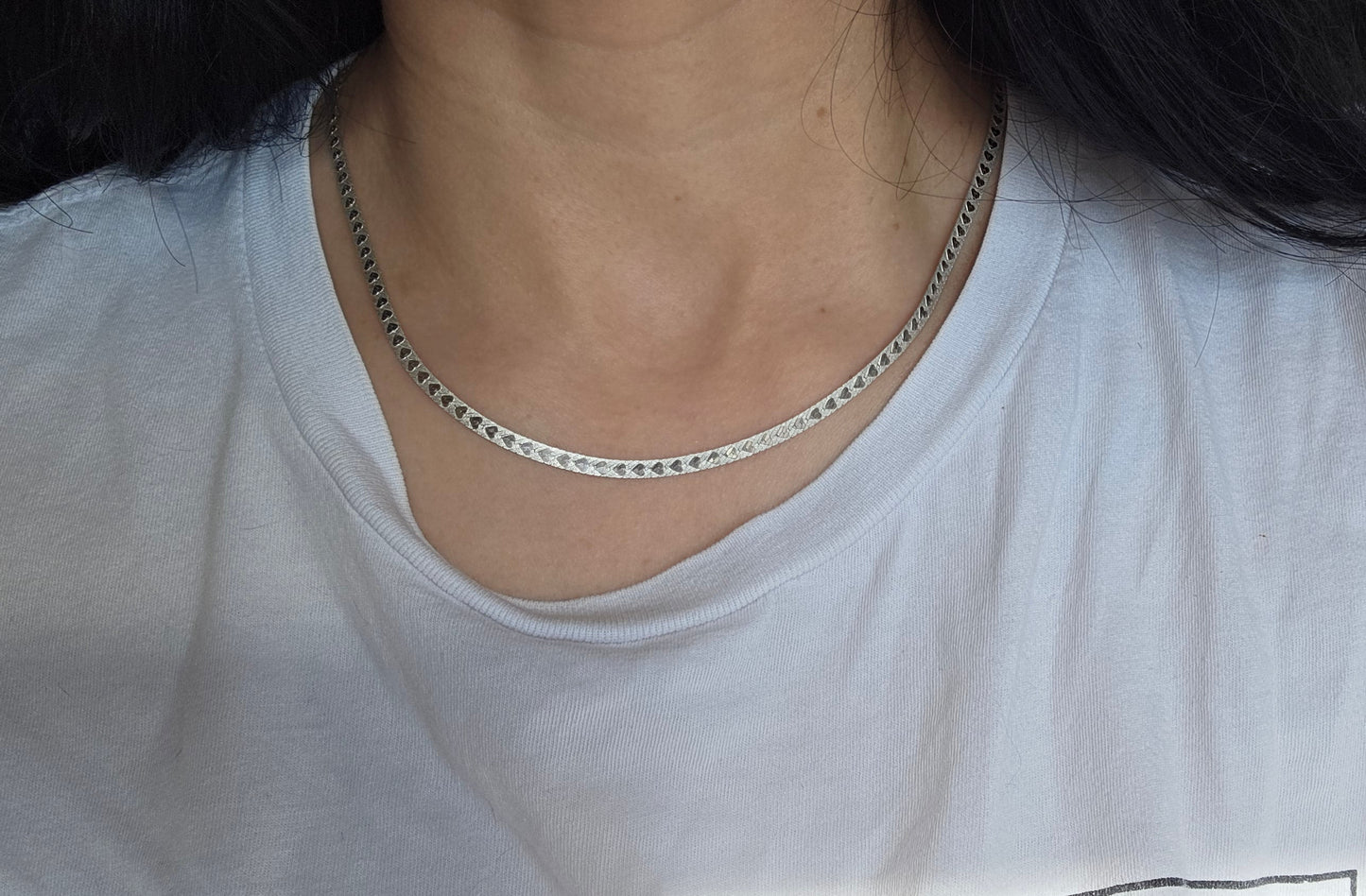 Italian Made Sterling Silver Double Sided Flat Herringbone Hearts Necklace 18"