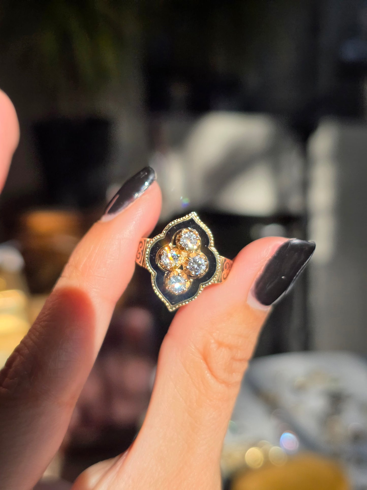 Stunning Vintage Victorian Style Black Enamel Diamond Statement Ring Size 6