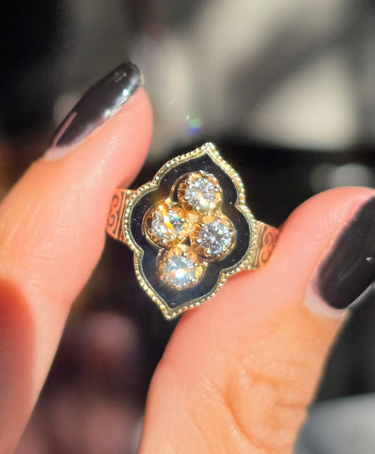 Stunning Vintage Victorian Style Black Enamel Diamond Statement Ring Size 6