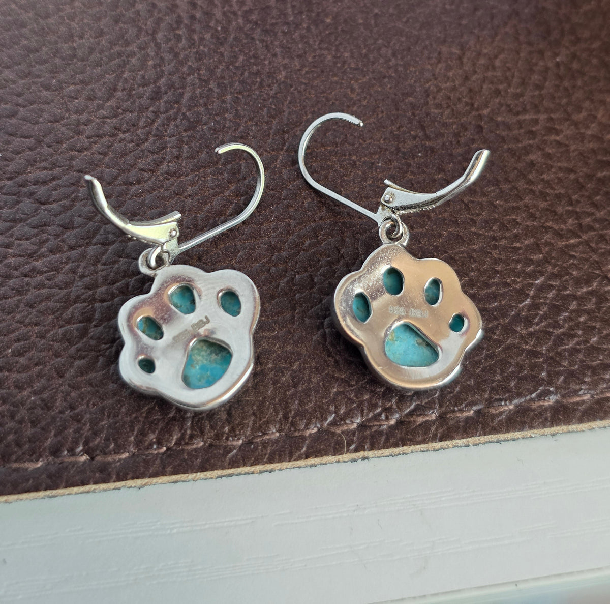 Sterling Silver Turquoise Paw Print Drop Earrings Leverbacks