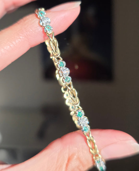 Adorable 14k Gold Emerald And Diamond White Gold Accented Bracelet 6"