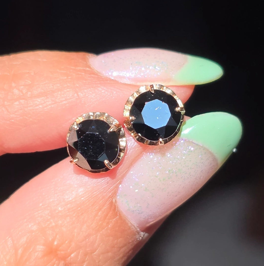 10k Gold Vintage Hematite Studs Earrings Black Faceted Gemstones