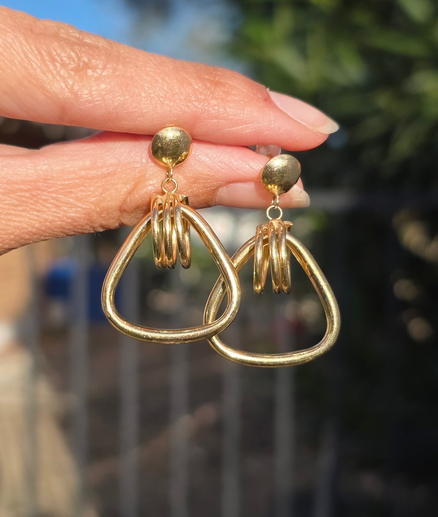 Awesome 14k Gold Stirrup Doorknocker Style Unique Dangle Statement Earrings