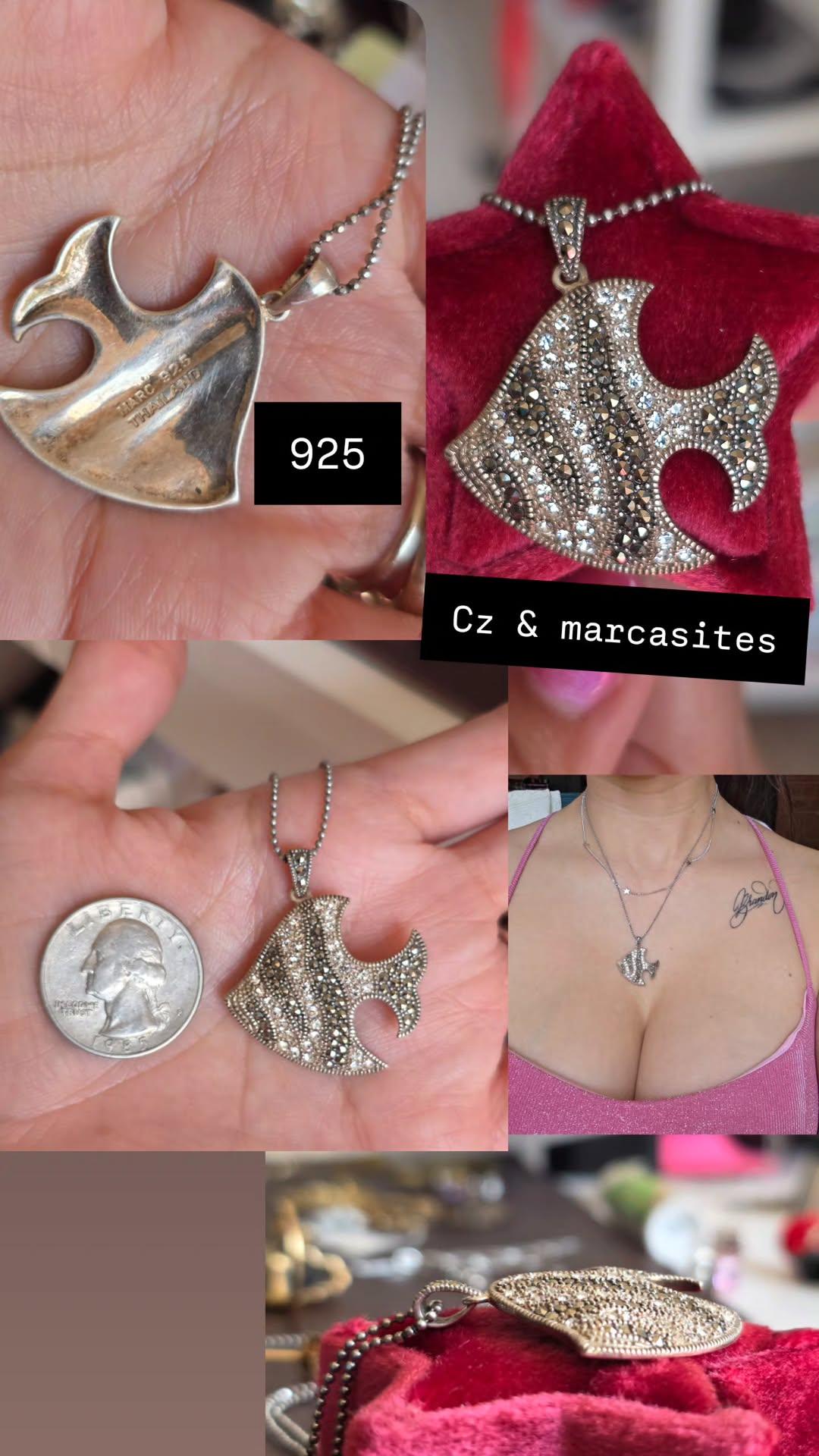 Awesome Vintage Sterling Silver Marcasite & CZ Stone Sparkling Striped Fish 1.3" Large Pendant (NO CHAIN)