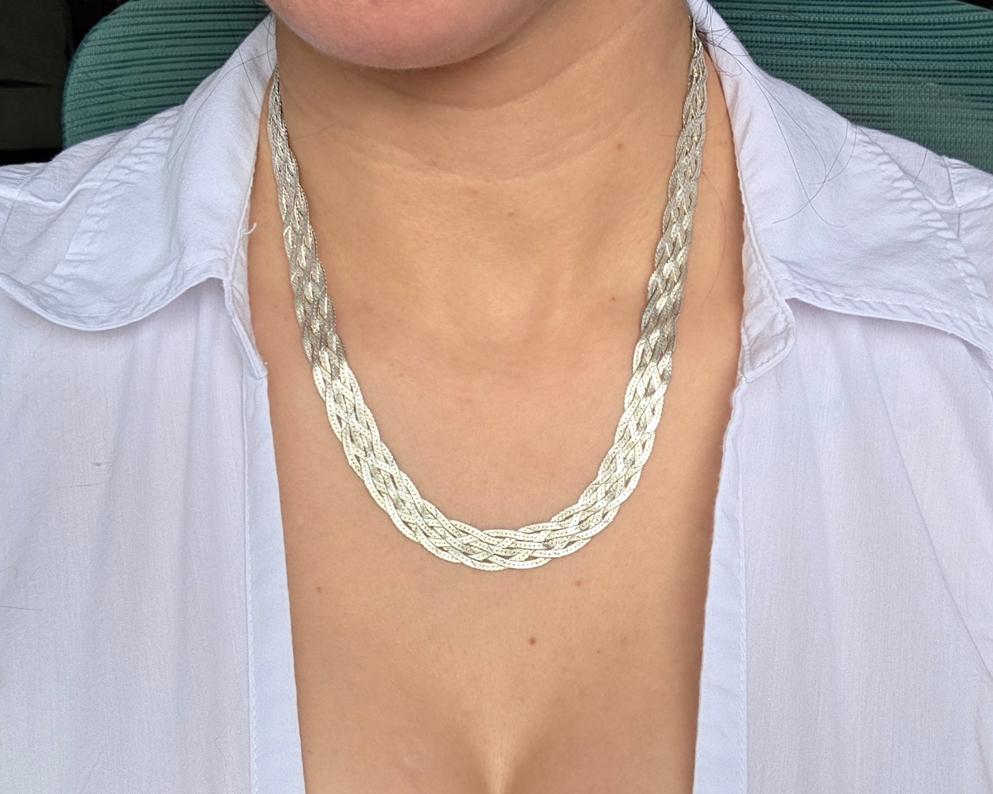 Sterling Silver Braided  Herringbone Statement Necklace 18"