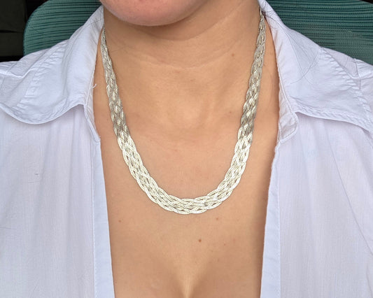 Sterling Silver Braided  Herringbone Statement Necklace 18"